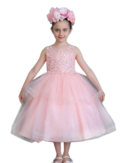 Big Girls Pink Illusion Neckline Lace Organza Junior Bridesmaid Dress 8-16 - SophiasStyle.com